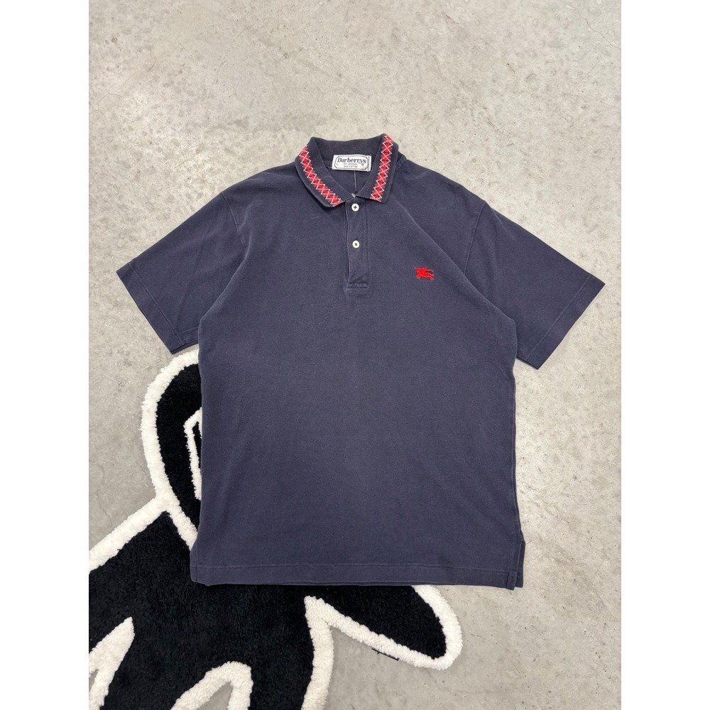 Vintage Burberrys of London Navy Polo Shirt Argyle Collar Red Logo Mens L